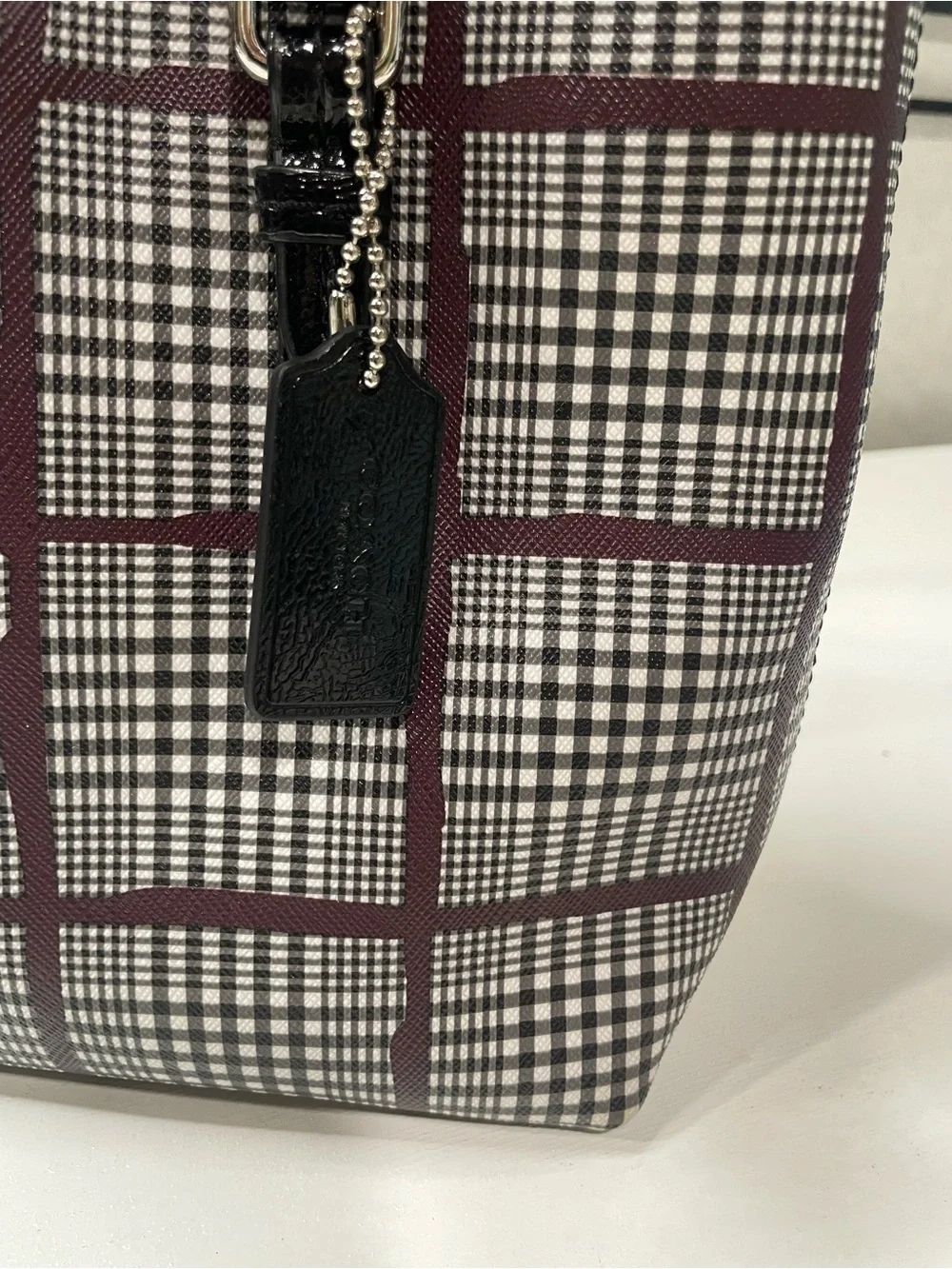 Coach Peyton Glenplaid Top Handle Mini Tote Bag Black Bordeaux Plaid F52196